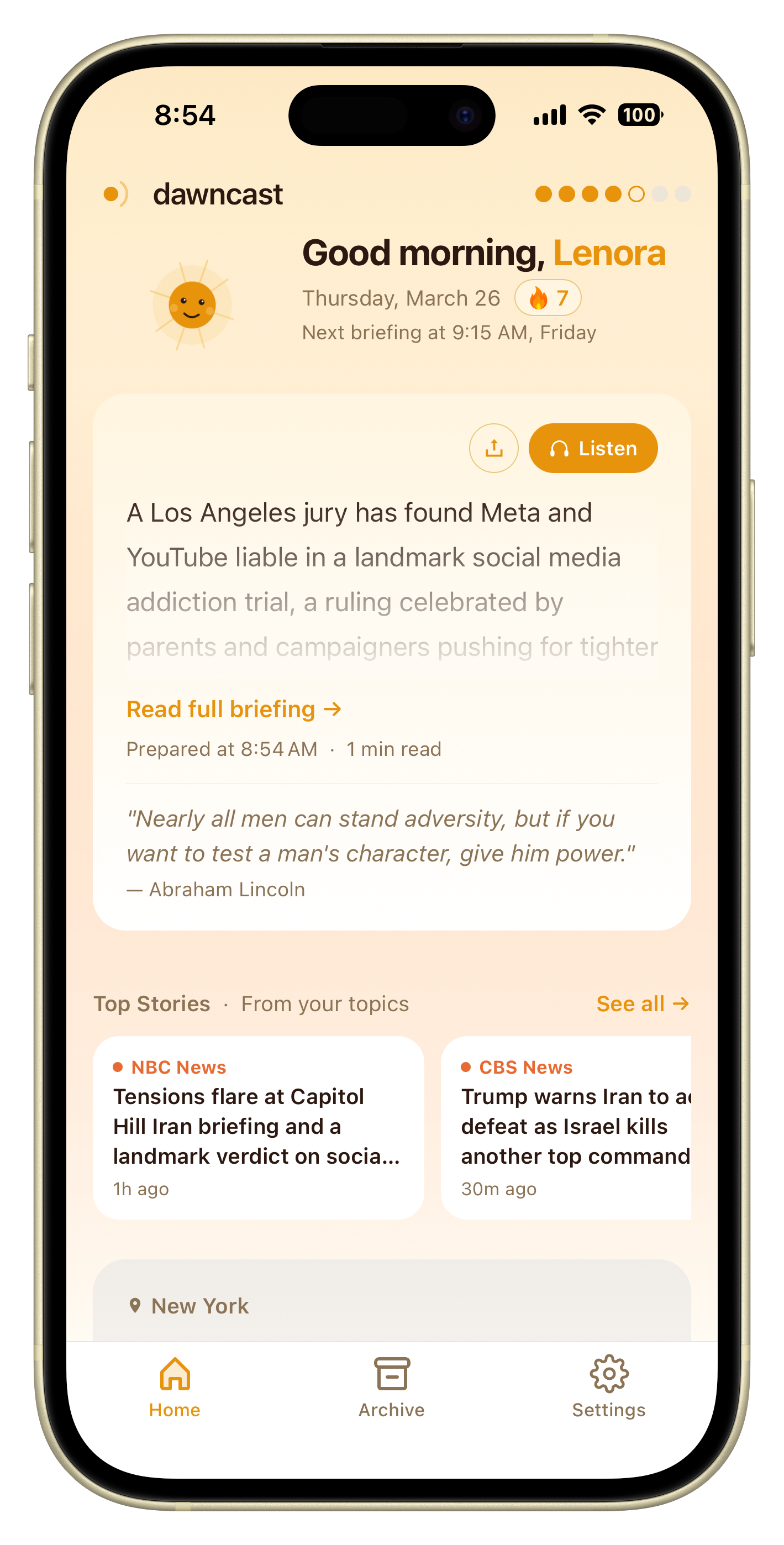 dawncast app showing a personalized morning briefing with news, weather, and market data